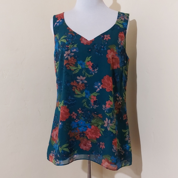Cabi Teal Floral Print #3449 Still Life Lightweight V-neck Cami Tank Top Blouse - Picture 2 of 10